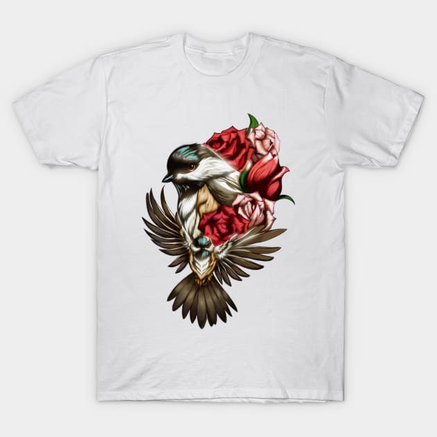 Black-Capped Chickadee and Roses T-Shirt by Xonaar Illustrations